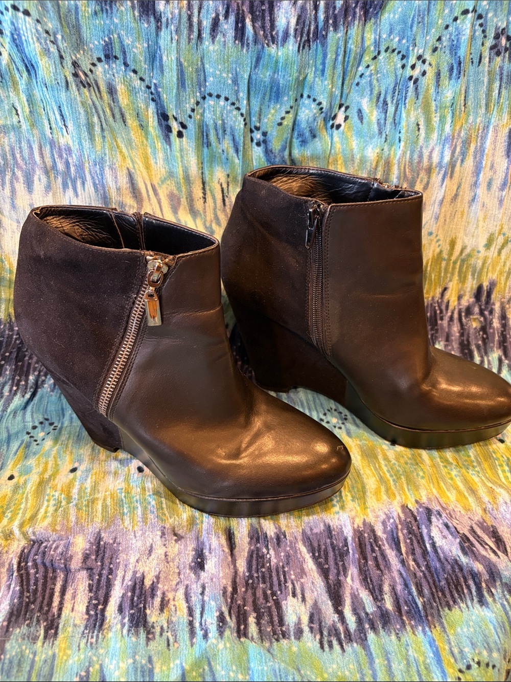 Carlos Santana Black Faux Leather & Suede Wedge Ankle Boots